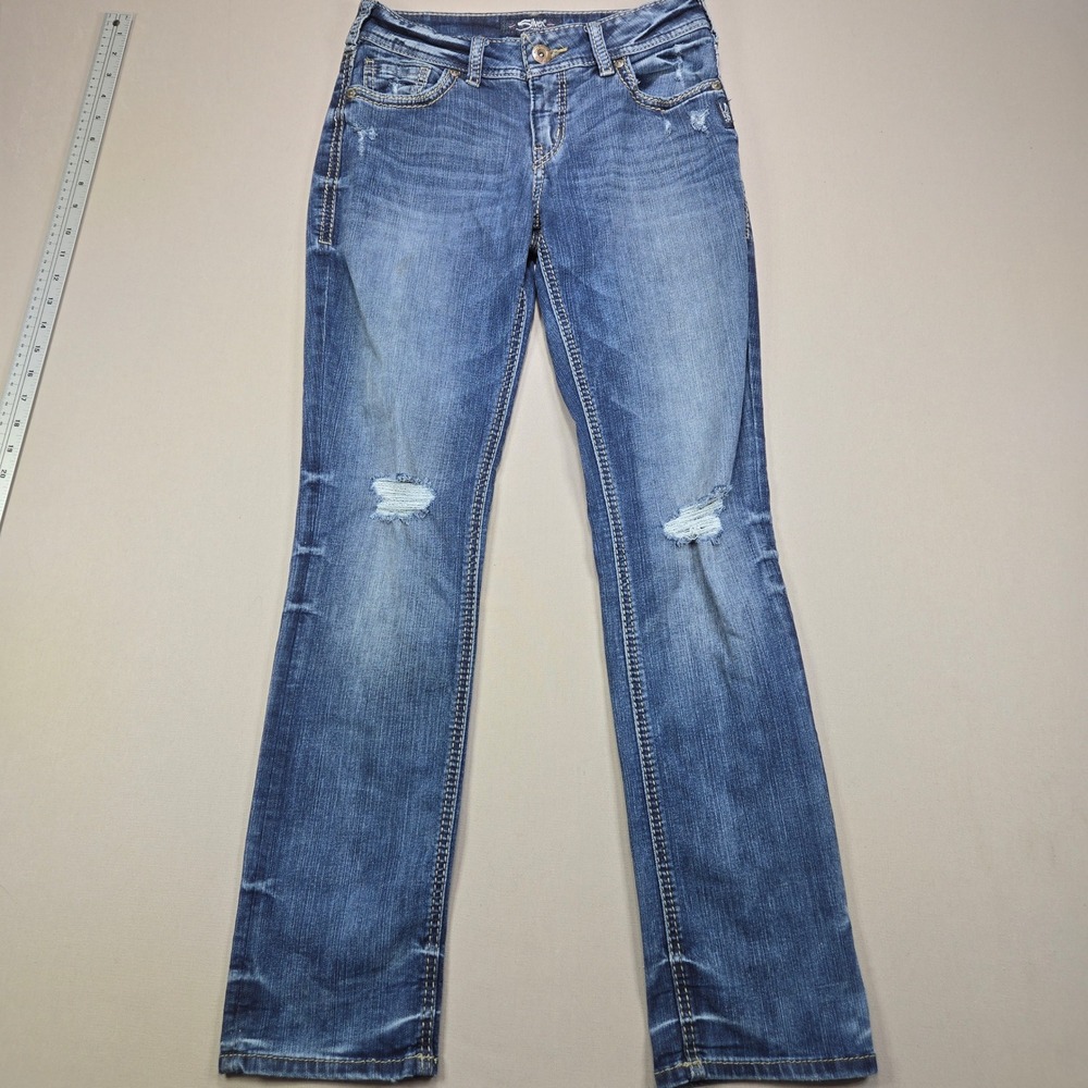 Silver Jeans Co Suki Mid‎ Straight Jeans Distressed Blue Fluid Denim W28 L32